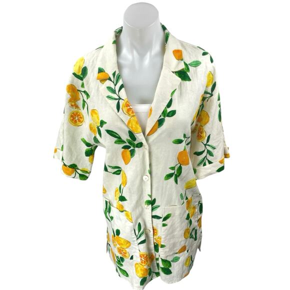Zara White Linen Lemon Print Short Sleeve Button Up Shirt Blazer Coat Jacket M - Picture 1 of 4